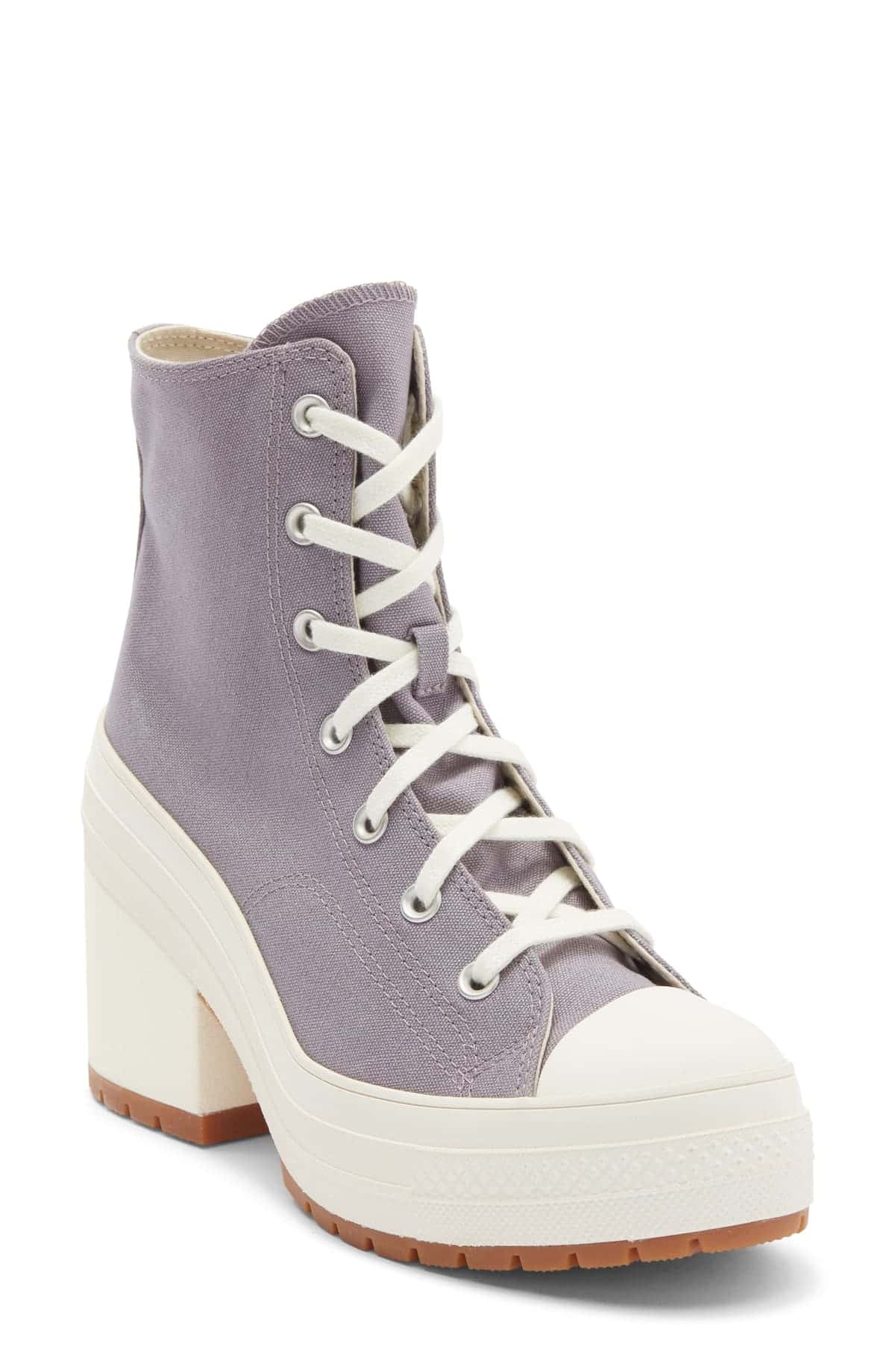 Bota Converse Chuck 70 Luxe Heel de caña alta en gris lavanda, con cordones crudos, plataforma y taco ancho color crema y suela dentada
